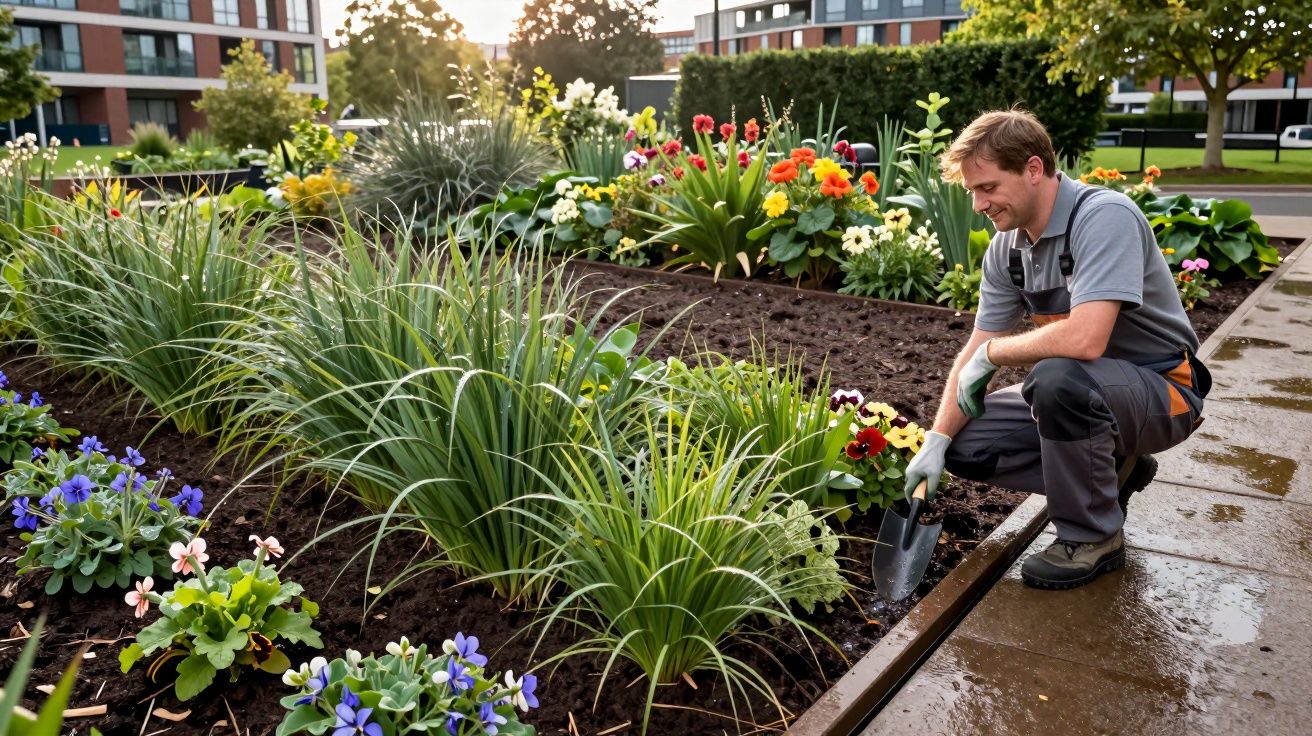 Gardener tending to a colourful flower bed in an urban park on a sunny day, with modern buildings in the background.