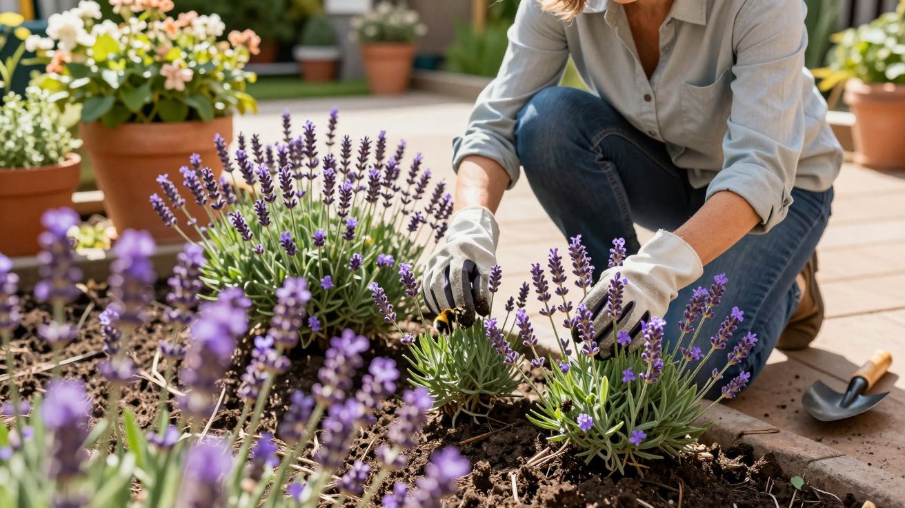 Person gardening, wearing gloves, tending to lavender plants in soil, surrounded by flower pots on a sunny patio.