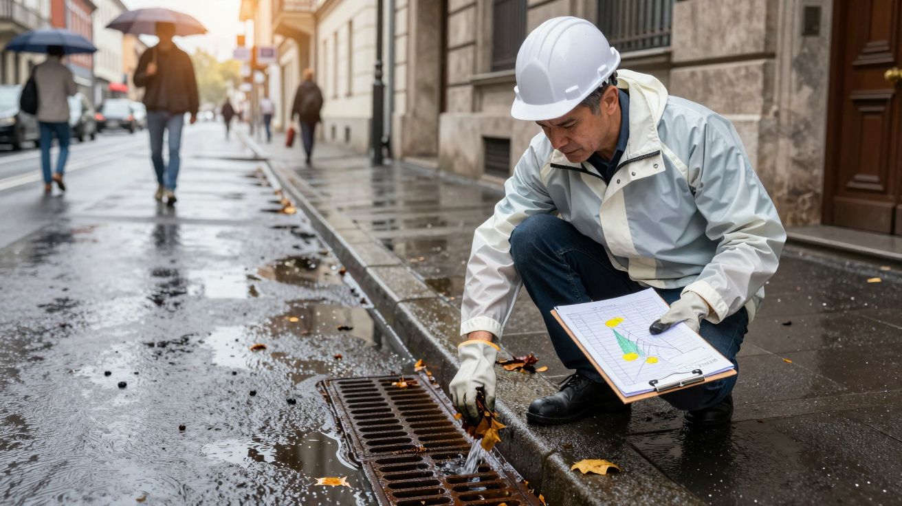 Worker in a jacket and helmet inspecting a street drain with clipboard on a rainy day.