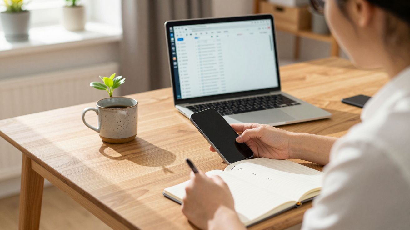 Woman at desk, holding phone, writing in notebook, laptop open with spreadsheet. Mug and small plant nearby.