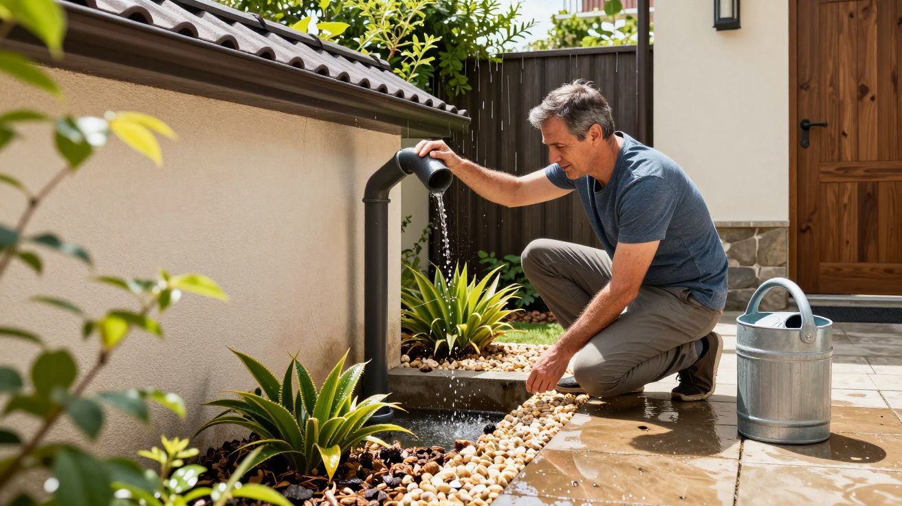 Man examining water flow from gutter amidst plants in a garden setting.
