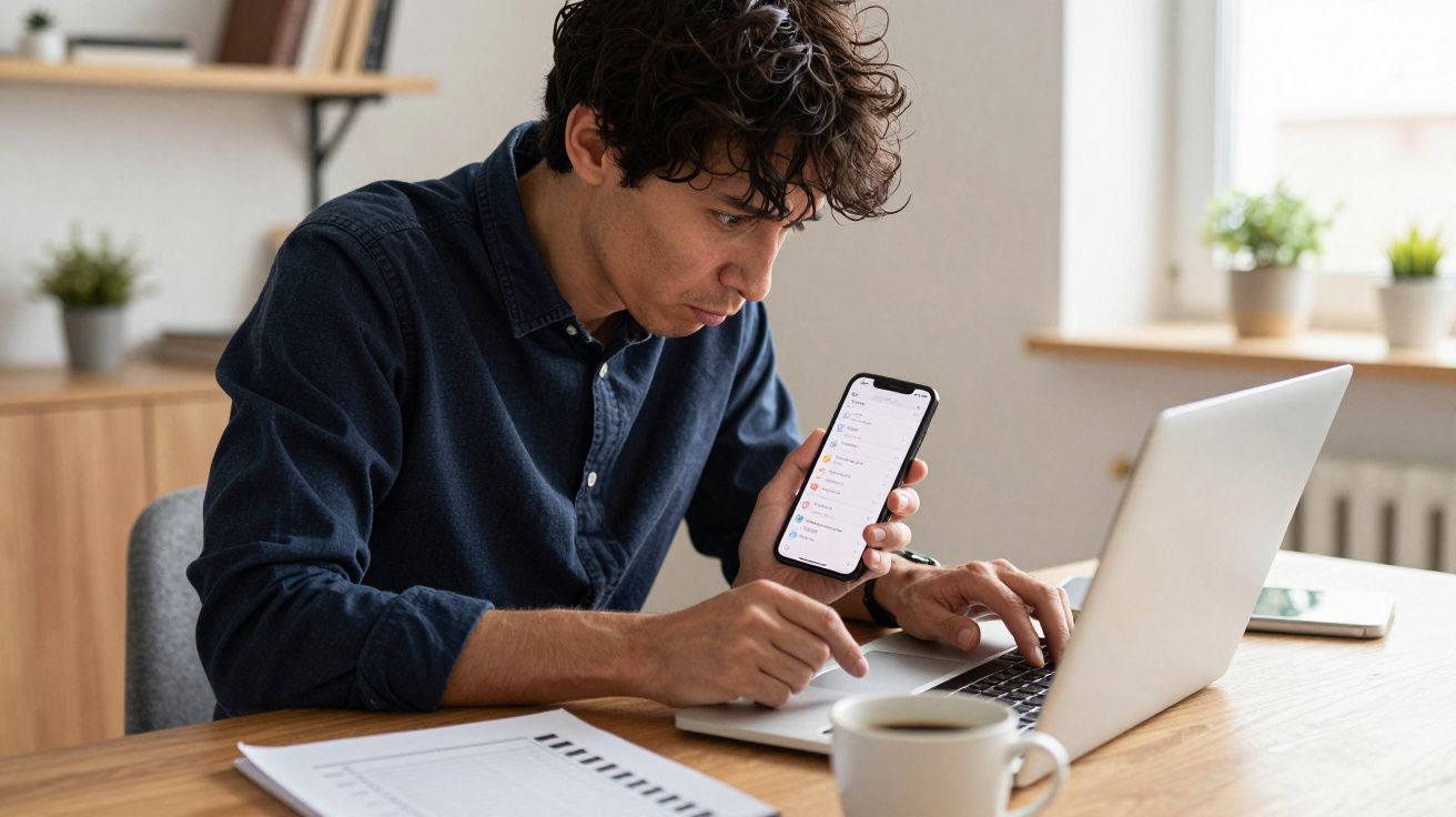 Man using smartphone and laptop at a desk with coffee, notebook, and plants in the background.