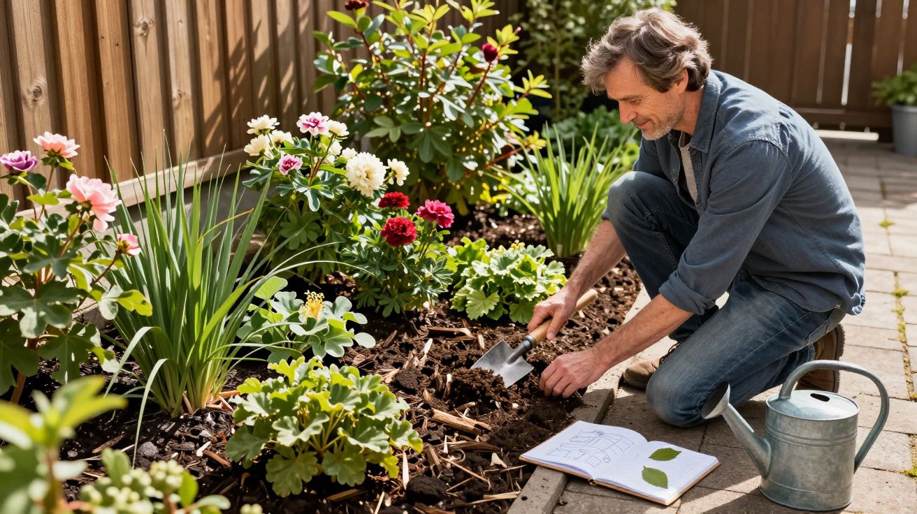 Man gardening in a flower bed, using a trowel, with a watering can and open notebook beside him.