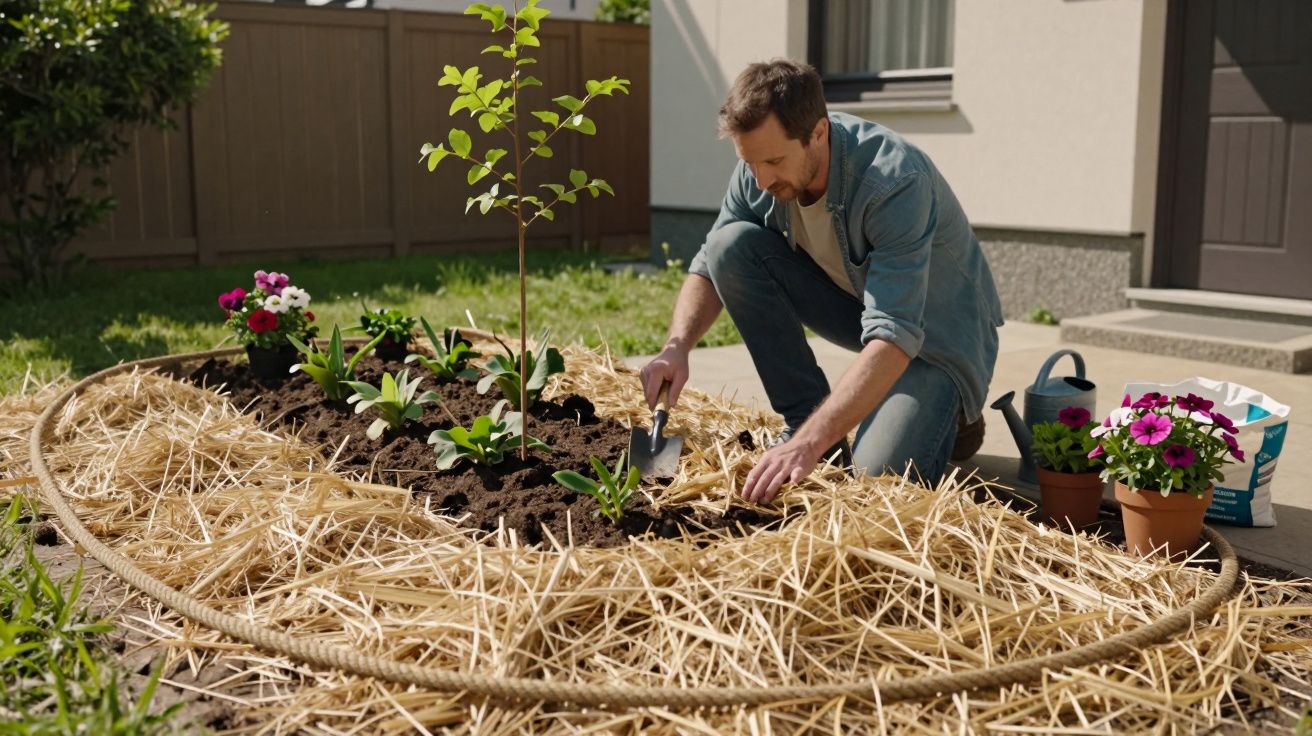 A man kneels in a garden, planting flowers and shrubs, surrounded by straw and a rope border on a sunny day.