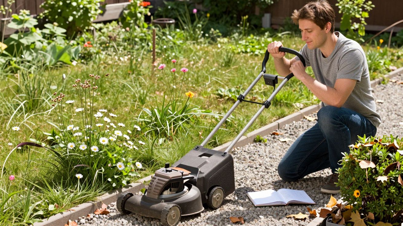 Man reading manual while kneeling next to a lawnmower in a garden.