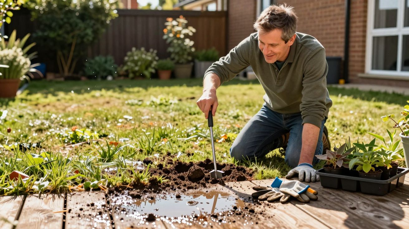 Man gardening, kneeling on lawn, using trowel beside small pond. Potted plants and gloves on grass. Sunny day.