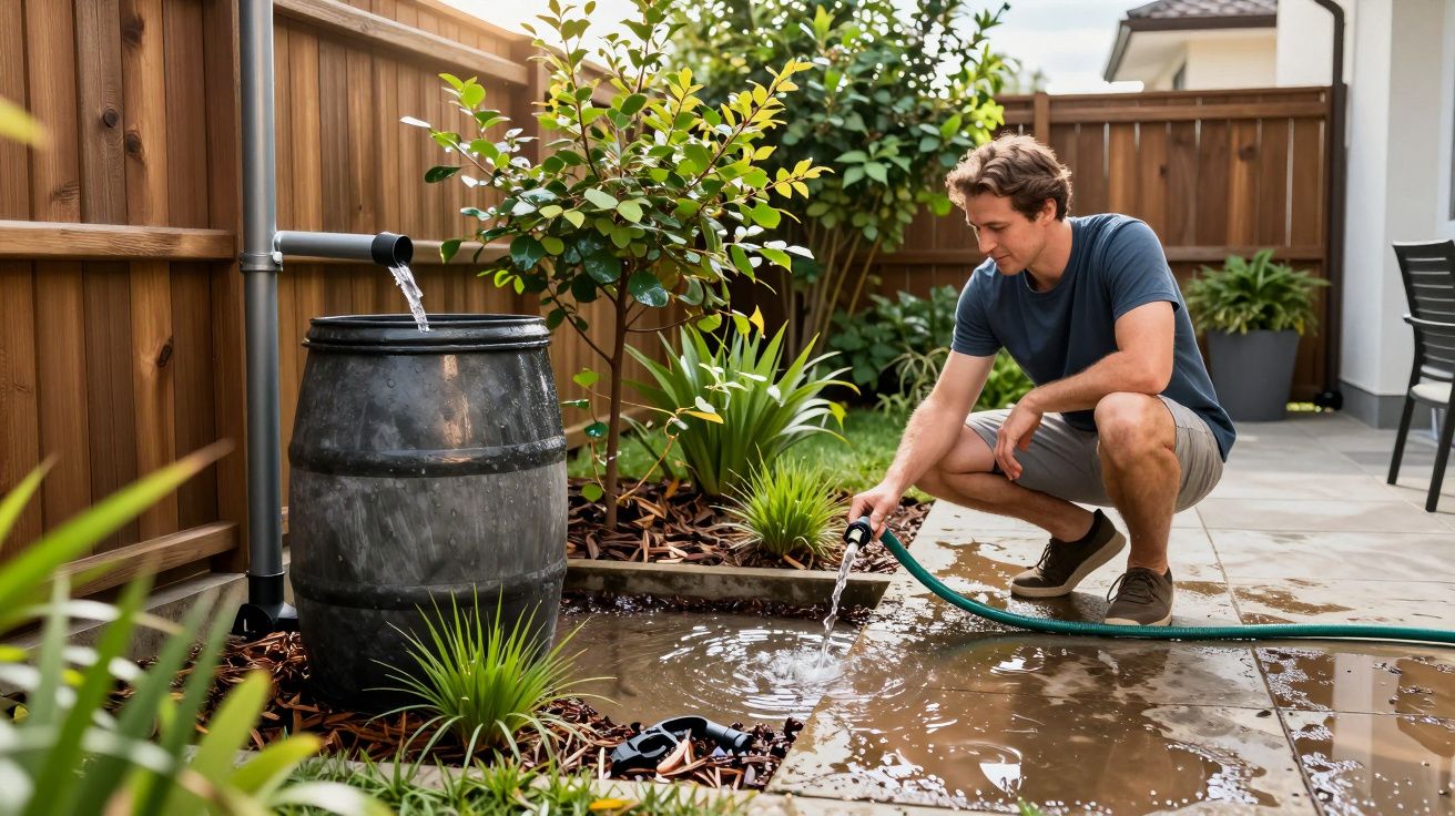 Man collecting water from a rain barrel in a garden, surrounded by plants and a wooden fence.