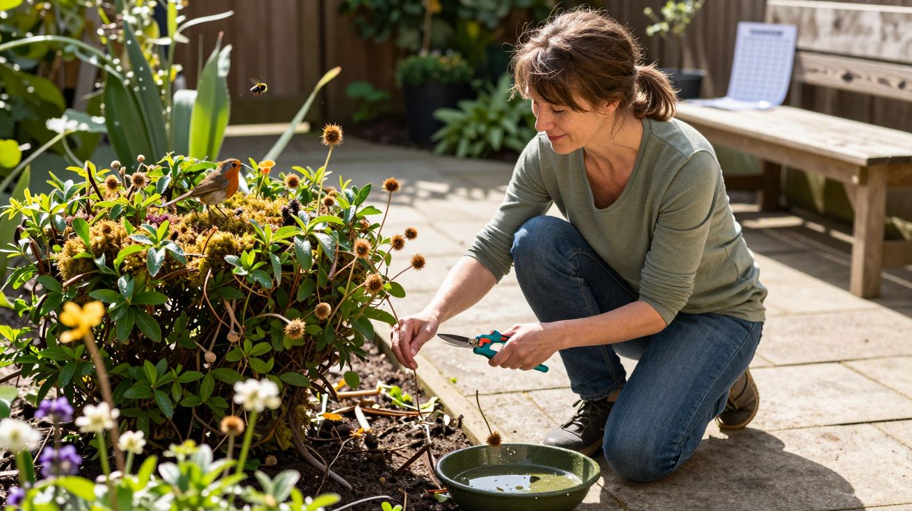 A woman kneels in a garden, pruning plants with scissors, surrounded by flowers and a wooden bench in the background.