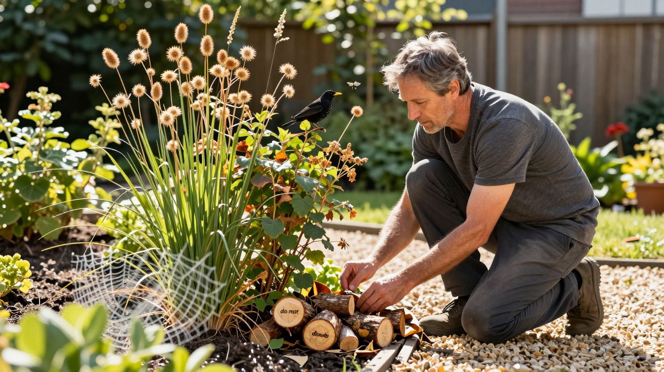 Man kneeling in garden arranging logs with a blackbird perched nearby, surrounded by various plants and flowers.